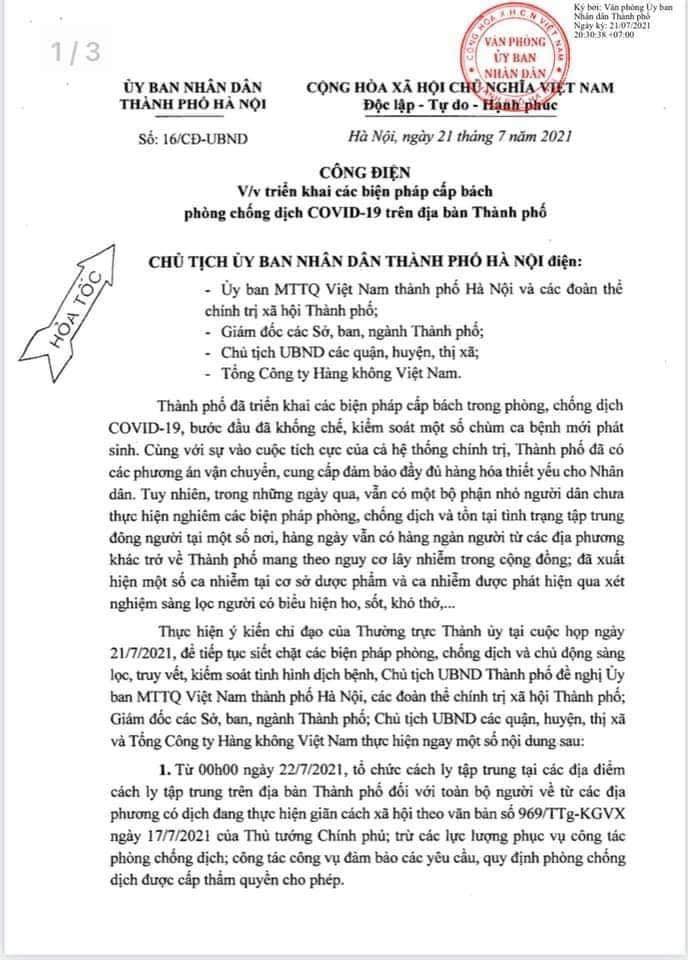 Công điện số 16/CĐ-UBND ngày 21/7/2021 của UBND thành phố Hà Nội triển khai các biện pháp cấp bách phòng chống dịch Covid-19 trên địa bàn Thành phố